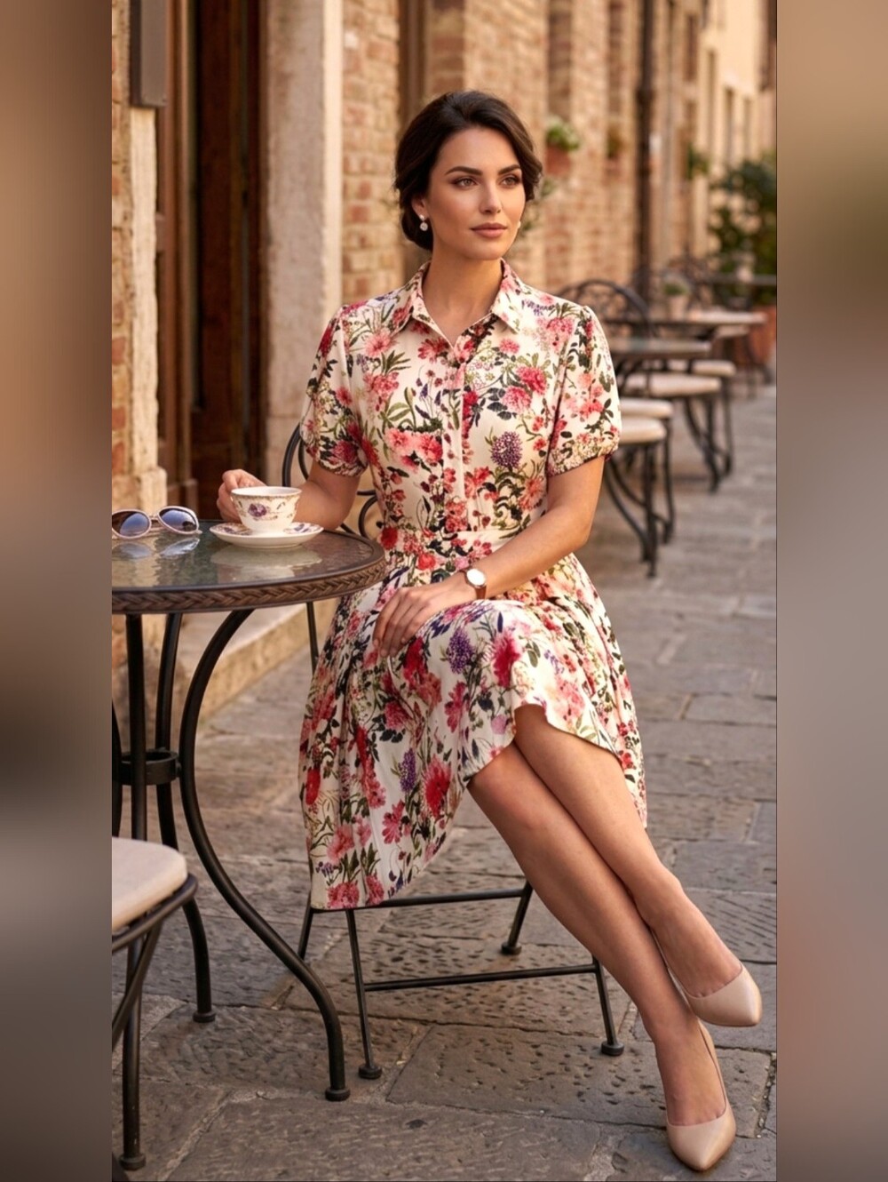 The Moon Floral Pleated Button Collar Dress Short Sleeves Retro Size Large